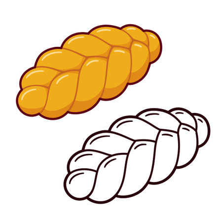 Challah, traditional braided bread loaf. Black and while line icon and color drawing. Cartoon vector clip art illustration.のイラスト素材