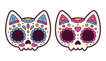 Two cute cartoon Mexican painted cat skulls, male and female. Dia de los Muertos (Day of the Dead) drawing, vector illustration.のイラスト素材