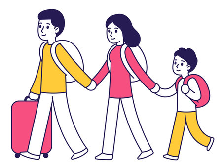 Cartoon family traveling, two parents and child with backpacks and suitcase. Immigration vector illustration, modern stylized flat style.のイラスト素材