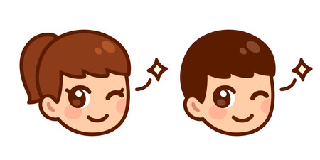Cute anime boy and girl face winking with little star. Simple kawaii portrait cartoon illustration.のイラスト素材
