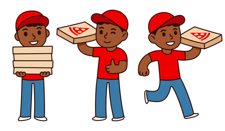 Cute cartoon Black pizza delivery boy holding pizza boxes with pizzeria  . Simple character drawing, vector illustration.のイラスト素材
