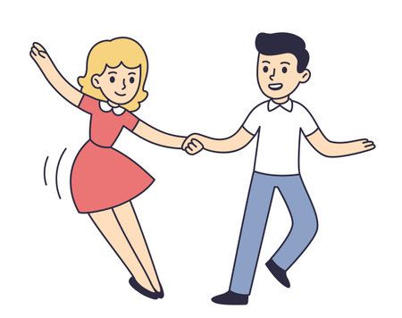 Cute cartoon young dancing couple. Swing dance, Lindy hop. Vector clip art illustration.のイラスト素材