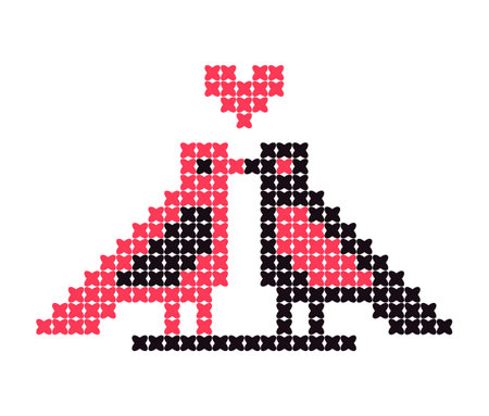 Dragobete, Romanian Valentine's day tradition. Cross stitch pattern of red and black bird couple with heart. Vector illustration.のイラスト素材