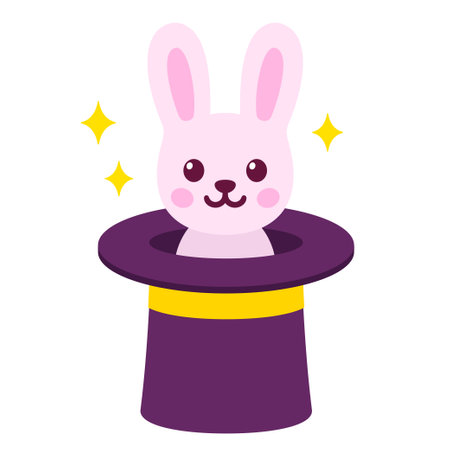 Rabbit in magicians hat, magic trick illustration. Cute bunny inside top hat, isolated cartoon vector drawing.のイラスト素材