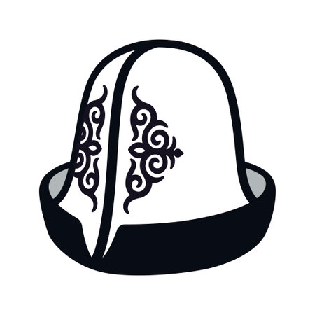 Ak Kalpak traditional Kyrgyz hat. Black and white national headgear with embroidery. Cartoon vector clip art illustration.のイラスト素材