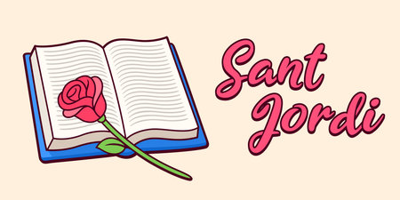 La Diada De Sant Jordi (St. George Day). Traditional celebration in Catalonia. Red rose and book cartoon drawing. Vector banner illustration.のイラスト素材