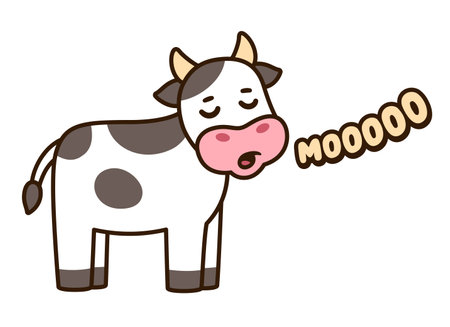 Cute cartoon cow saying Moo, funny hand drawn illustration. Simple drawing, vector clip art.のイラスト素材