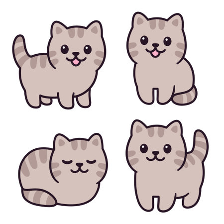 Tiny baby tabby kitten drawing set. Adorable little fat cat standing, sitting and lying. Simple kawaii doodle style illustration.のイラスト素材