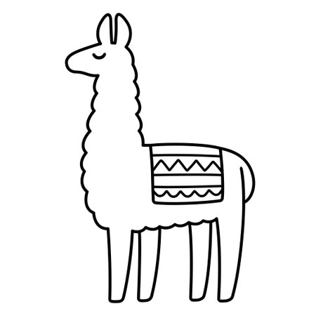 Simple cartoon llama drawing, black and white line icon. Cute vector clip art illustration.のイラスト素材