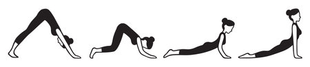 Downward facing dog to upward facing dog asana flow, yoga pose transition steps. Simple black and white illustration of woman doing Hindu pushup.のイラスト素材