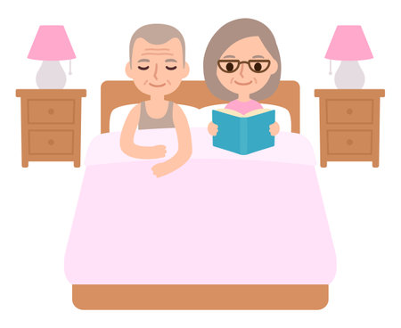 Cute cartoon senior couple in bed, man sleeping and woman reading a book. Bedtime relaxation routine vector illustration.のイラスト素材