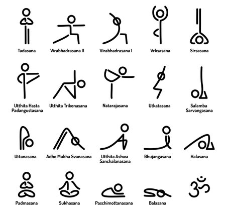 Simple stylized yoga poses line icon set. Hand drawn stick figures in yoga asanas, vector illustration.のイラスト素材