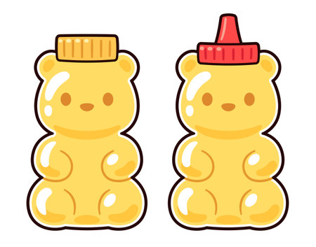 Two cute cartoon bear shaped honey bottles drawing. Animal packaging design. Vector clip art Illustration.のイラスト素材
