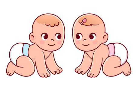 Cute cartoon drawing of crawling baby boy and girl. Baby gender color on diapers. Vector clip art illustration.のイラスト素材