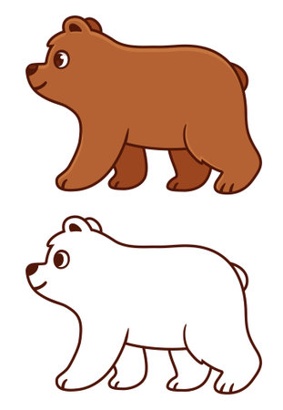 Cute cartoon baby bear drawing. Brown bear walking in profile view. Color drawing and black and while line art for coloring. Vector clip art illustration.のイラスト素材
