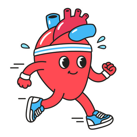 Cute cartoon heart character in sweatband and running shoes jogging and sweating. Healthy heart exercising, simple retro comic style vector illustration.のイラスト素材
