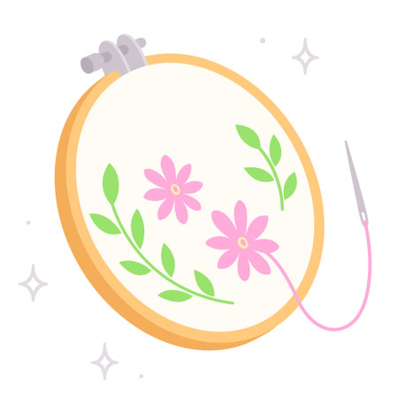Embroidery hoop, thread and needle, DIY crafts drawing. Simple cartoon vector illustration, isolated clip art.のイラスト素材