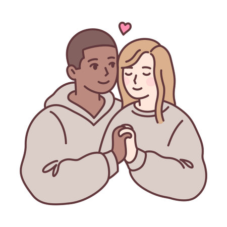 Cute young mixed race couple in love holding hands. Black guy and blonde girl in matching clothes. Simple cartoon drawing, vector illustration.のイラスト素材