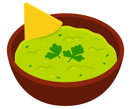 Guacamole bowl with corn tortilla chip (nacho) cartoon drawing. Isolated vector clip art illustration.のイラスト素材