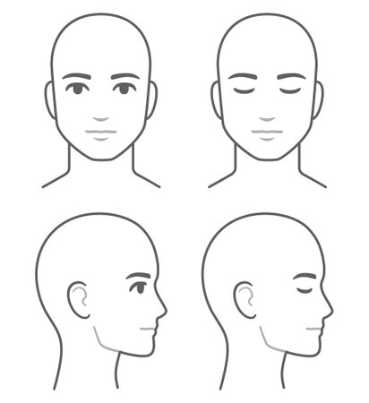 Man face and head profile diagram (without hair), eyes open and closed. Blank male head template for medical infographic. Isolated vector illustration.のイラスト素材