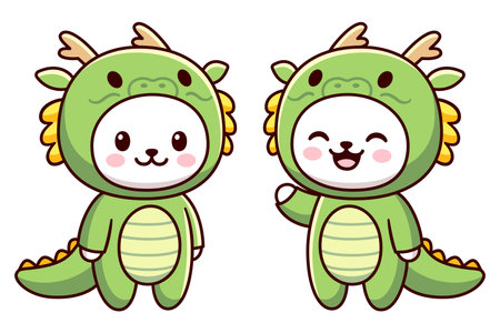 Kawaii cat character in green dragon costume. Chinese New Year animal. Cute cartoon vector clip art illustration.のイラスト素材