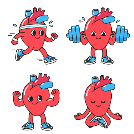 Cute cartoon heart character health and fitness set, simple retro comic style vector illustration. Running, lifting weights, meditating.のイラスト素材