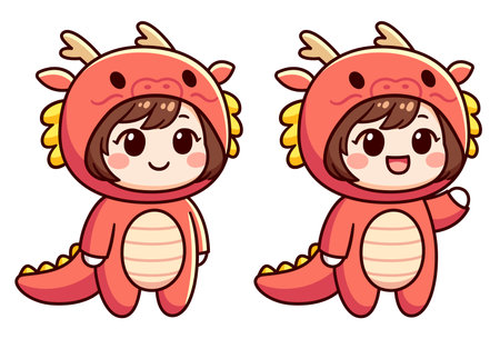 Kawaii little girl in red Chinese dragon kigurumi onesie costume. Cute cartoon character standing and waving, vector clip art illustration.のイラスト素材