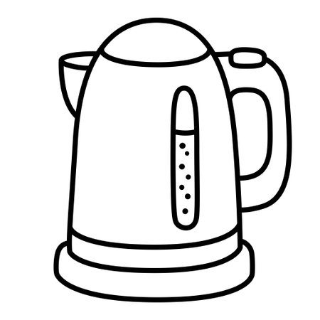Electric kettle, simple cartoon drawing. Black and white doodle icon. Hand drawn vector illustration.のイラスト素材