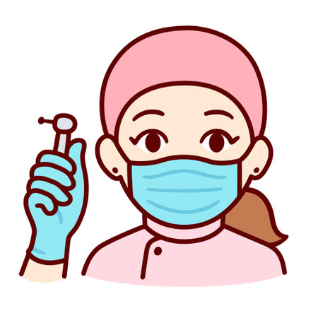Cute cartoon female dentist in face mask holding a drill. Simple hand drawn doodle, vector character clip art illustration.のイラスト素材