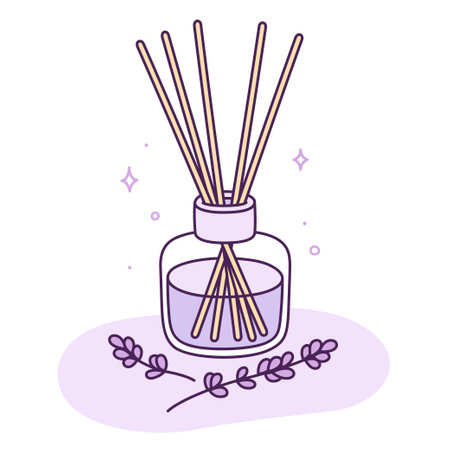 Cartoon reed diffuser with lavender sprigs doodle. Relaxation aroma, home fragrance. Cute hand drawn vector illustration.のイラスト素材