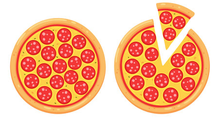 Pepperoni pizza, whole and with slice. Simple cartoon style vector illustration.のイラスト素材