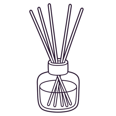 Reed diffuser home fragrance drawing, black and white doodle line icon. Cute hand drawn vector illustration.のイラスト素材