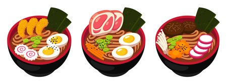 Ramen soup bowl set. Shrimp, pork and vegan traditional Japanese dish with thick udon noodles. Cartoon vector illustration.のイラスト素材