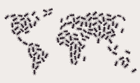 Black ants in the shape of world map. Insects, pest control. Vector illustration.のイラスト素材