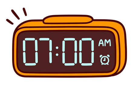 Digital alarm clock cartoon drawing. LED display showing 7 am. Cute hand drawn doodle, vector clip...