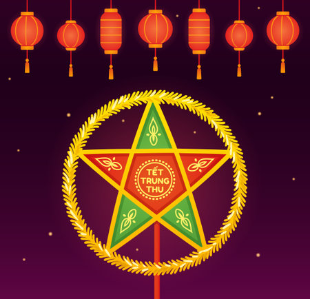 Traditional Vietnamese star lantern (ÄÃ¨n Ãng Sao). Táº¿t Trung Thu means Mid-Autumn Festival in Vietnam. Paper lanterns at night. Vector banner clip art illustration.のイラスト素材
