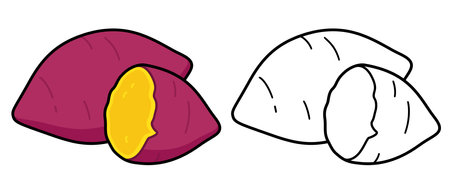 Sweet potato illustration, colored drawing and black and white line icon. Cooked vegetable. Cartoon drawing, vector clipart.のイラスト素材