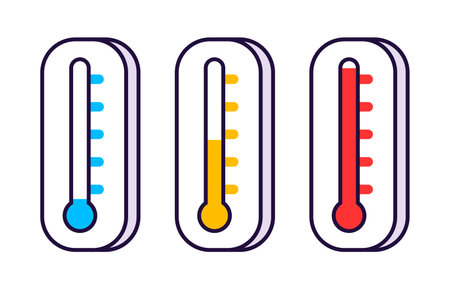 Thermometer line icons in simple cartoon. Blue (cold), red (hot) and yellow (normal) Vector clip art illustration.のイラスト素材