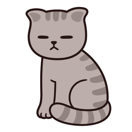 Cute cartoon sleepy or sad cat drawing. Funny gray tabby kitten, simple hand drawn vector illustration.のイラスト素材