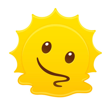Cartoon Sun melting in puddle, extreme summer heat. Cute vector clip art illustration.のイラスト素材