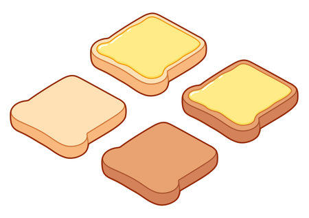 White and wholegrain bread toast with butter, cartoon drawing set. Buttered and plain slice. Isolated vector clip art illustration.のイラスト素材