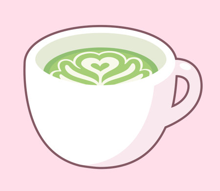 Cup of matcha latte on pastel pink background. Cute cartoon cafe drawing. Isolated vector illustration.のイラスト素材