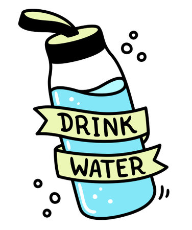 Reusable glass water bottle with hand lettering "Drink Water". Old school tattoo style ribbon. Cute cartoon doodle drawing, vector clipart illustration.のイラスト素材