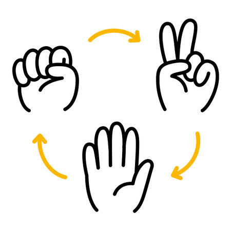 Rock Paper Scissors game diagram. Hand drawn doodle icons with arrows showing which gesture wins. Cute cartoon style vector illustration.のイラスト素材