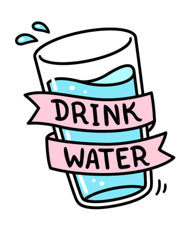Water glass with hand lettering "Drink Water". Old school tattoo style ribbon. Cute cartoon doodle drawing, vector clipart illustration.のイラスト素材