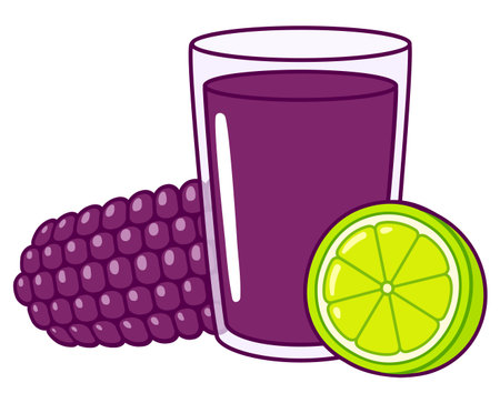 Glass of Chicha morada with purple corn and lime. Traditional drink from Peru. Cartoon vector clip art illustration, cute simple drawing.のイラスト素材