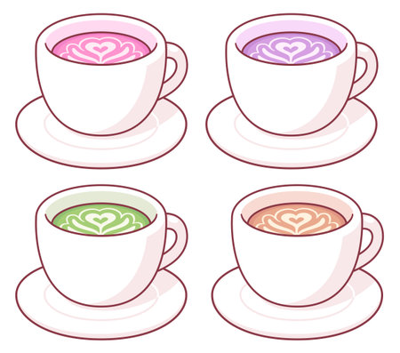 Pink latte, purple latte, matcha latte cups. Novelty coffee drinks, cute cartoon drawing set. Isolated vector illustration.のイラスト素材