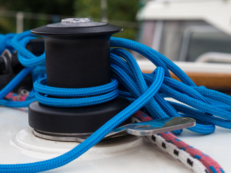 Blue rope tangle and black wincheの写真素材