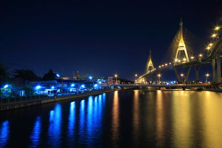 Bhumiphol Bridge, Bangkok Thailand. Large Bridge crossing Chaopraya river at twilightの写真素材