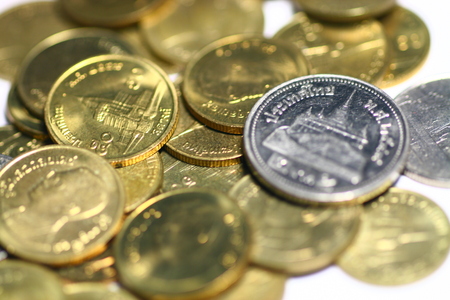 Thai baht coin macro. For background or saving money concept.の写真素材